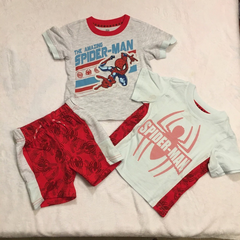 Marvel Spider-Man 3pc Shorts Set Toddler 18M Red Gray‎ Good Graphic Tee Outfit